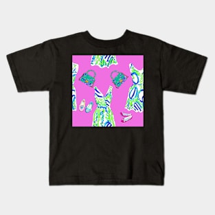 Preppy dresses, shoes and bags on hot pink Kids T-Shirt